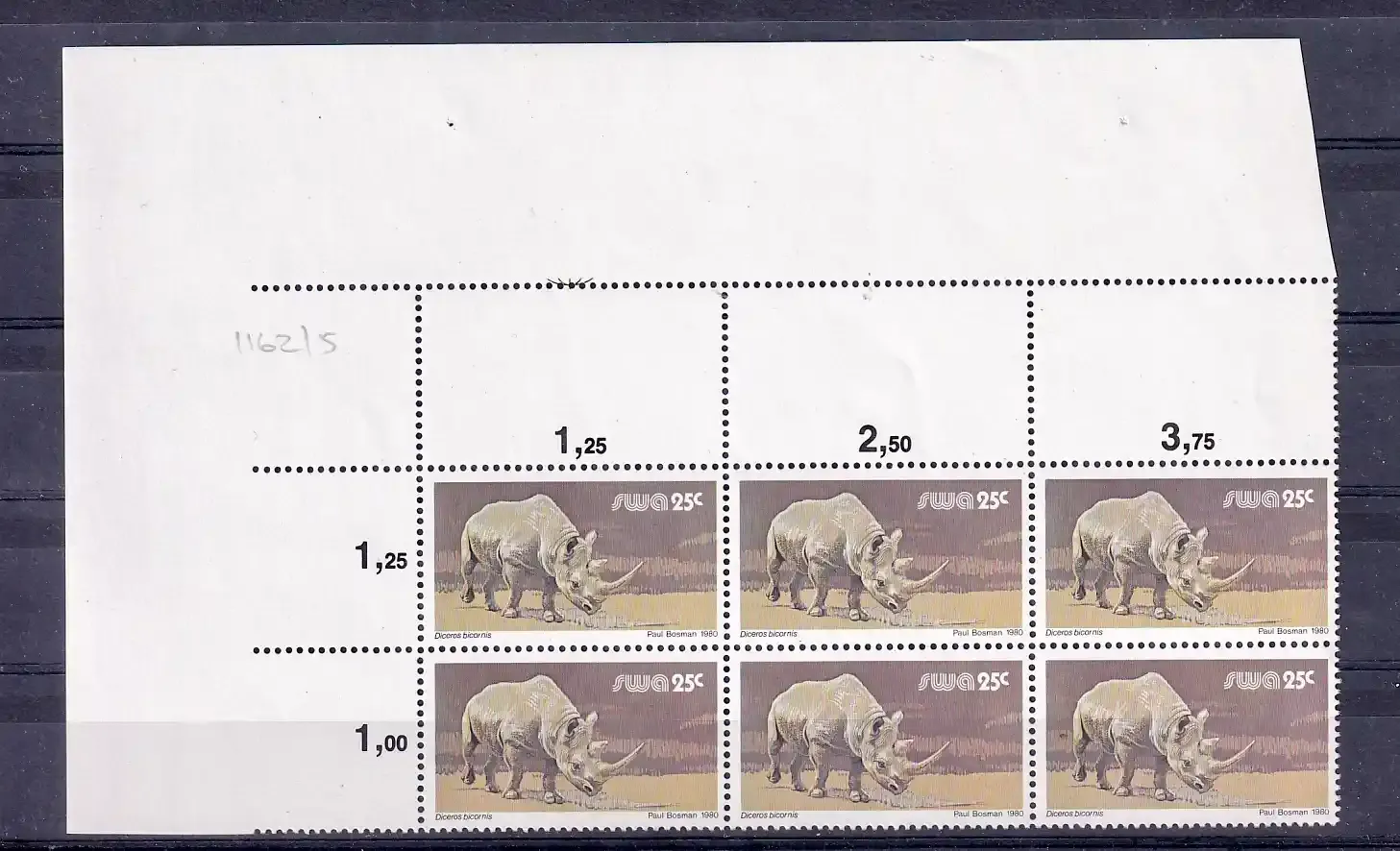 South West Africa 1980 Wild Mammals Definitives. 25c Rhino Proofs. Cutter blocks. Ex SWA archives. Very fine mint, not hinged.