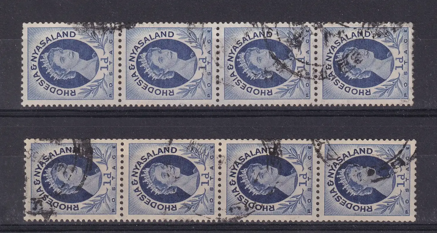 Rhodesia and Nyasaland 1954 Queen Elizabeth II, Local Motives. 1p Coil stamps (Perf: 12½ x 14). 2 x strip of 4. VFU