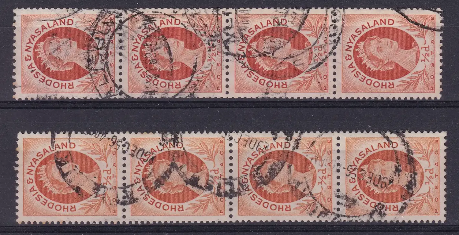 Rhodesia and Nyasaland 1954 Queen Elizabeth II, Local Motives. 1/2p Coil stamps (Perf: 12½ x 14). 2 x strip of 4. VFU