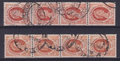 Rhodesia and Nyasaland 1954 Queen Elizabeth II, Local Motives. 1/2p Coil stamps (Perf: 12½ x 14). 2 x strip of 4. VFU