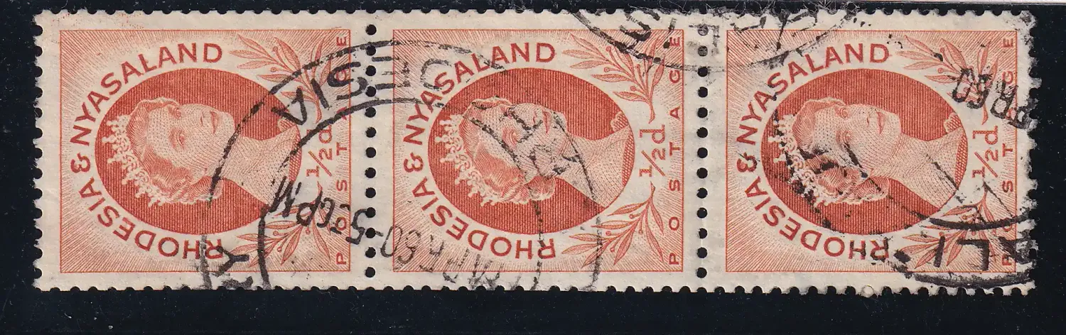 Rhodesia and Nyasaland 1954 Queen Elizabeth II, Local Motives. 1/2p Coil stamps (Perf: 12½ x 14). 1 x strip of 3. VFU