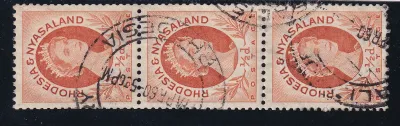 Rhodesia and Nyasaland 1954 Queen Elizabeth II, Local Motives. 1/2p Coil stamps (Perf: 12½ x 14). 1 x strip of 3. VFU