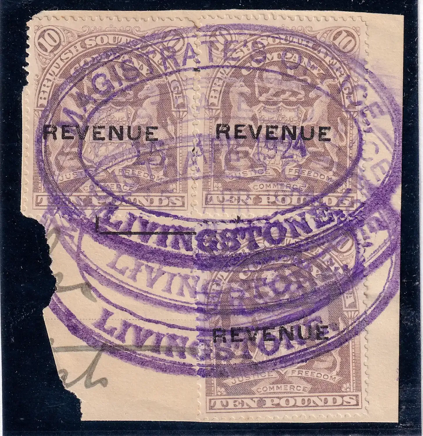 Rhodesia B.S.A 1898, £10 Revenue. 3 x stamps on a piece.