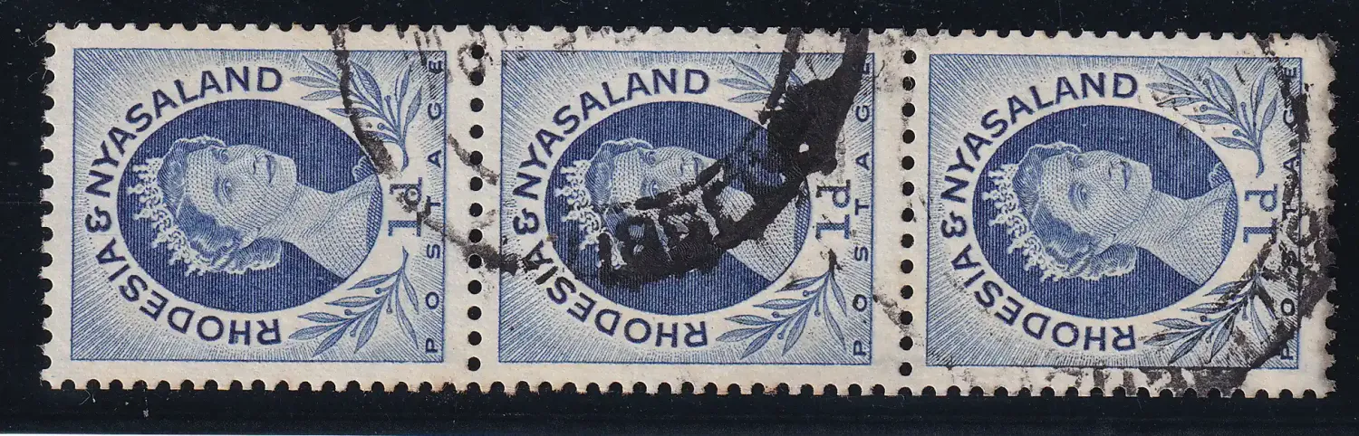 Rhodesia and Nyasaland 1954 Queen Elizabeth II, Local Motives. 1p Coil stamps (Perf: 12½ x 14). 1 x strip of 3. VFU