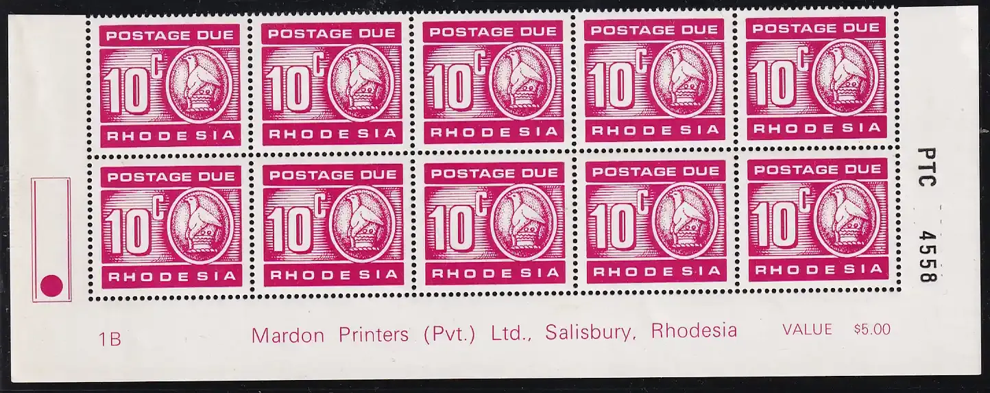 Zimbabwe 1970 Postage Due. Marginal block of ten. ( 10c printed June 79' on white gum fluorescent paper). MNH