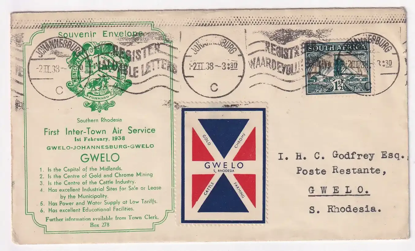 Southern Rhodesia 1938 Gwelo special souvenir envelope.