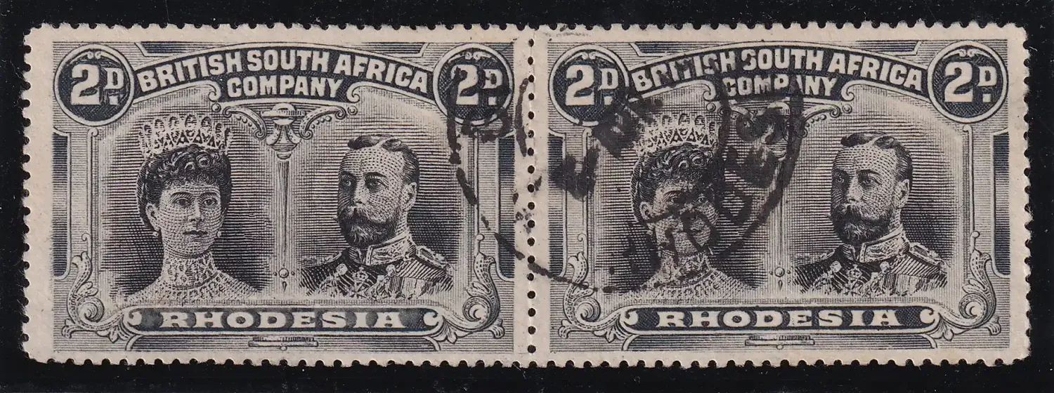 Rhodesia 1910 King George V, Double Heads. 2d used pair. SG 171. VFU