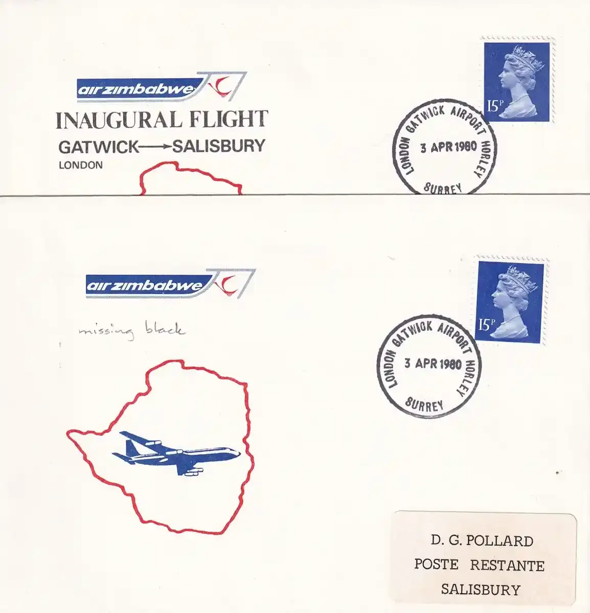 Rhodesia 1980 Flight cover, Missing black variety as per image.