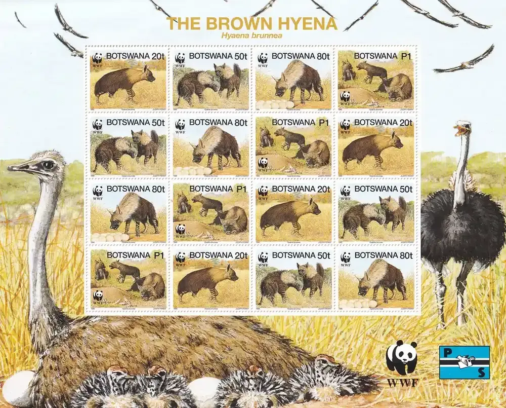 Botswana 1995 Endangered Species - Brown Hyena (WWF) Sheet - Protected Wildlife, MNH