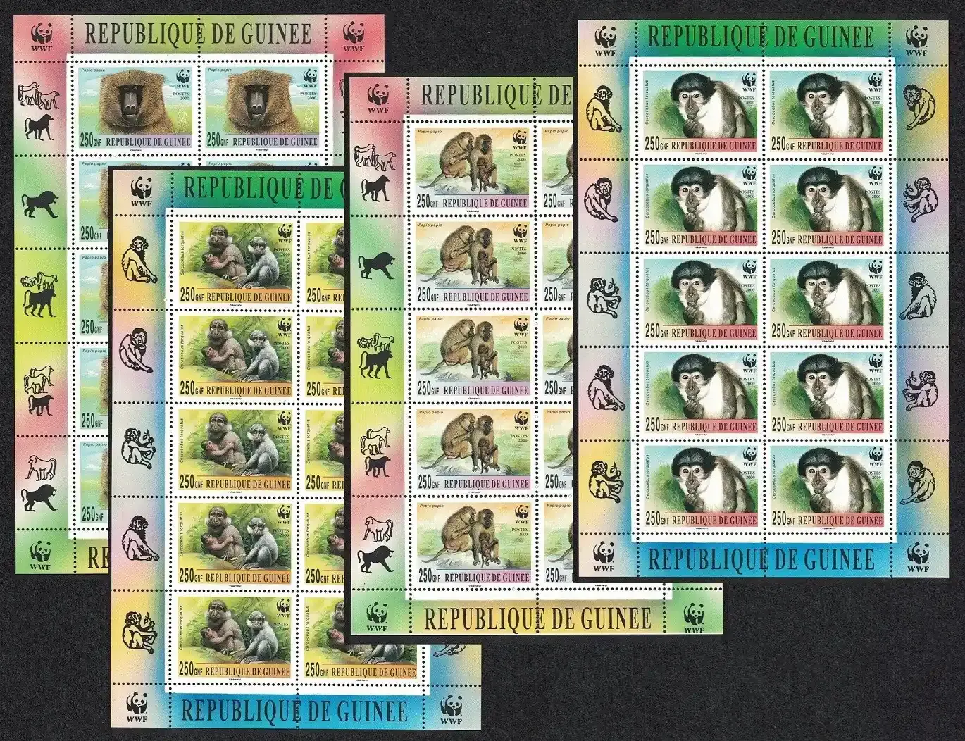 Guinea 2000 Mangabey and Baboon. Mammals/WWF. 4 Sheetlets 10 sets. MNH
