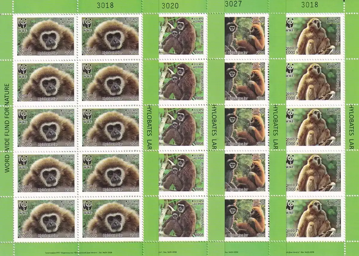 Laos 2008 White Handed Gibbon Monkey - Mammals/WWF. 4 x Full Sheets. MNH