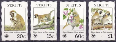 St. Kitts 1986 Endangered Mammals (WWF) - Green Monkeys on St. Kitts. MNH St. Kitts 1986 Endangered Mammals (WWF) - Green Monkeys on St. Kitts. MNH