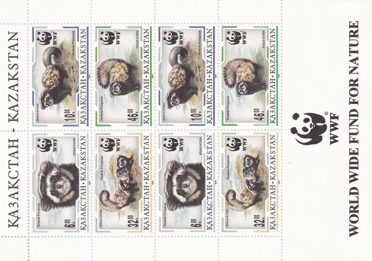 Kazakhstan 1997 Endangered Mammals, The Marbled Polecat Sheet. WWF. MNH