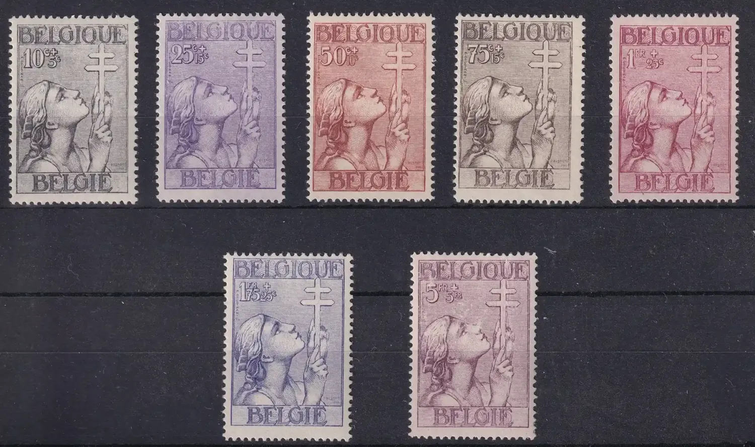 Belgium 1933 - Lorraine Cross set of 7 (The struggle against Tuberculosis). MNH
