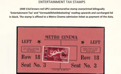 South West Africa 1949 UPU, 1&1/2d (Universal Postal Union) stamp overprinted." Entertainment Tax" on Cinema Ticket. South West Africa 1949 UPU, 1&1/2d (Universal Postal Union) stamp overprinted." Entertainment Tax" on Cinema Ticket.