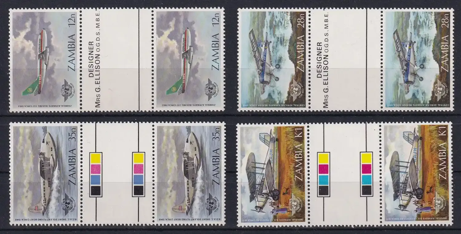 Zambia 1984 The 40th Anniversary of the International Civil Aviation Organization - Airplanes. Gutter Pairs UMM