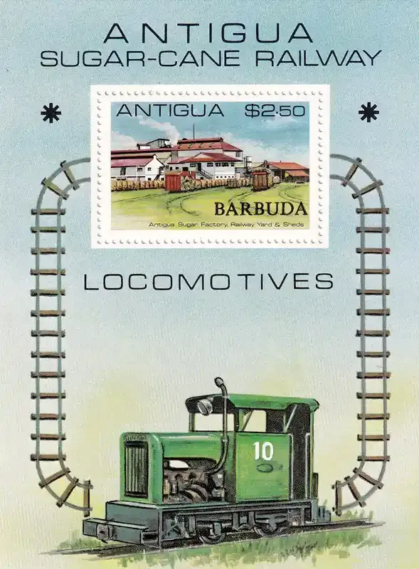 Barbuda 1981 Locomotives - Antigua Postage Stamps Overprinted "BARBUDA" M/Sheet. MNH