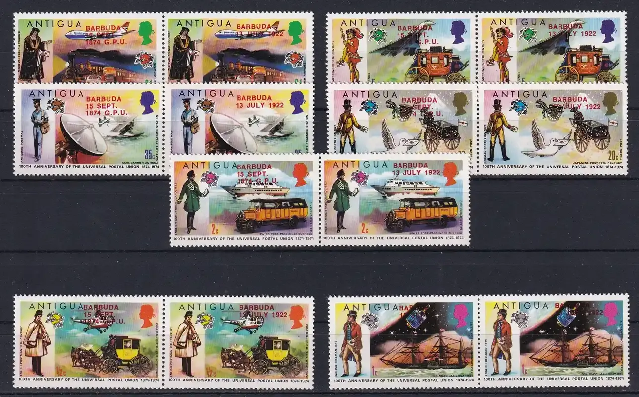 Barbuda 1974 100th Ann of UPU ovpt set of (x14) in setenant pairs. MNH MNH