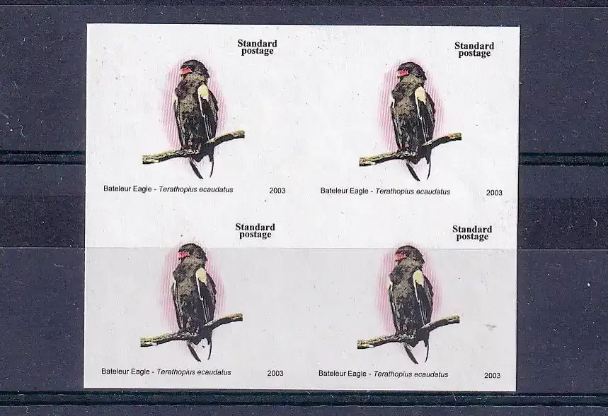 Zimbabwe 2003 (Variety) Bateleur Eagle, Birds. IMPERF Block of 4 with MISSING GOLD. MNH