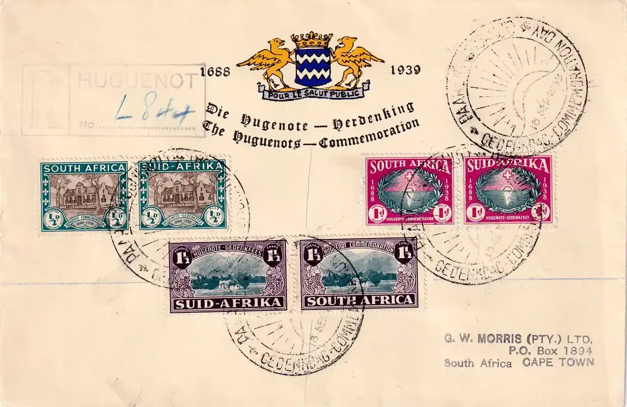 Union of South Africa 1939 The 100th Anniv of the Arrival of the Huguenots on FDC