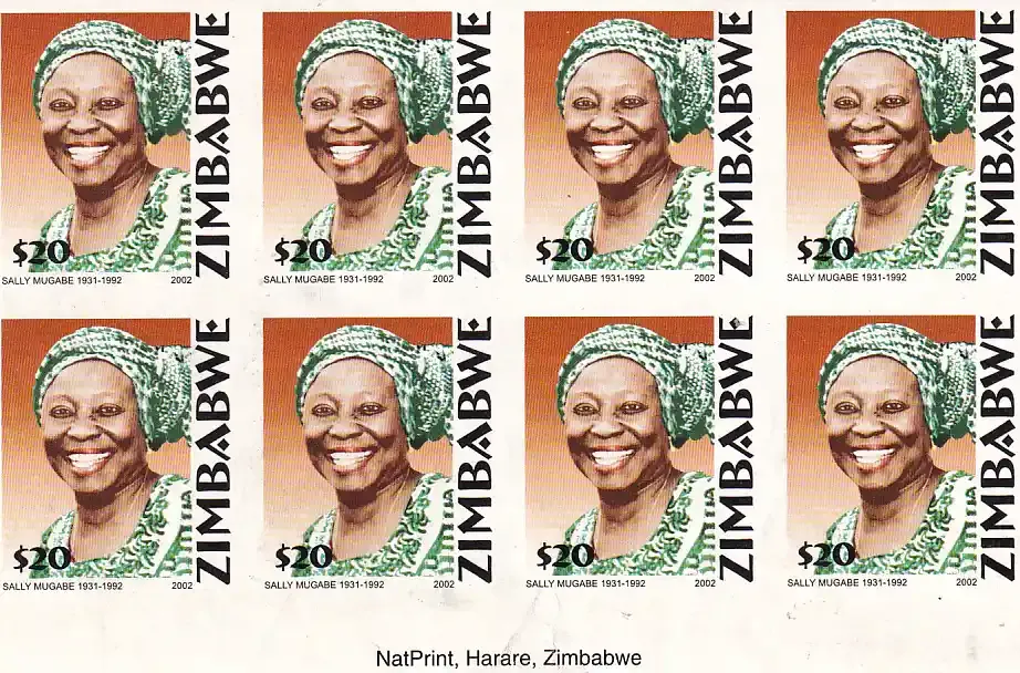 Zimbabwe 2002 (Variety) Sally Mugabe $20 overprint, IMPERF Inscriptional Block of 8. MNH