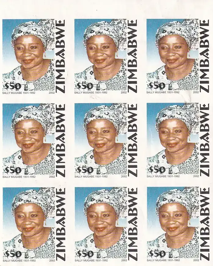 Zimbabwe 2002 (Variety) Sally Mugabe $50 Overprint, IMPERF Block of 9. MNH