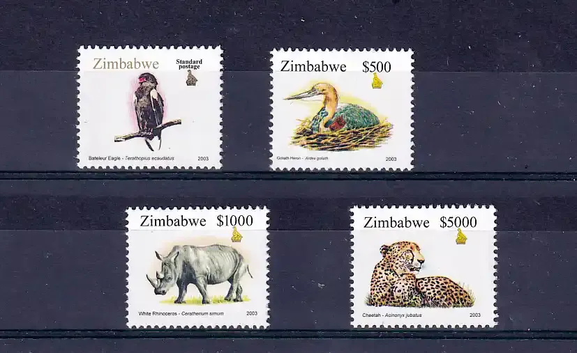 Zimbabwe 2003 Defs/Wildlife, Mammals - $100-$5000 (4v) - MNH**