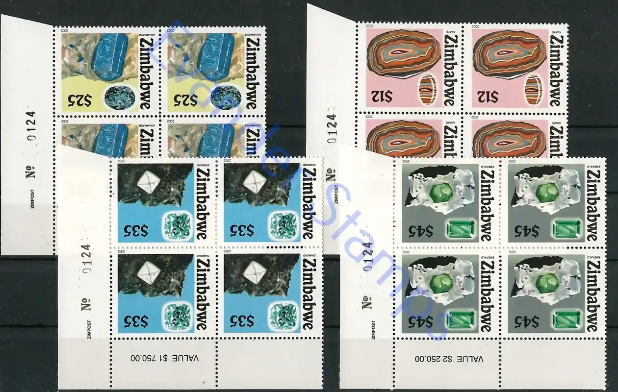 Zimbabwe 2002 Gemstones, Geology. Number Blocks - MNH**