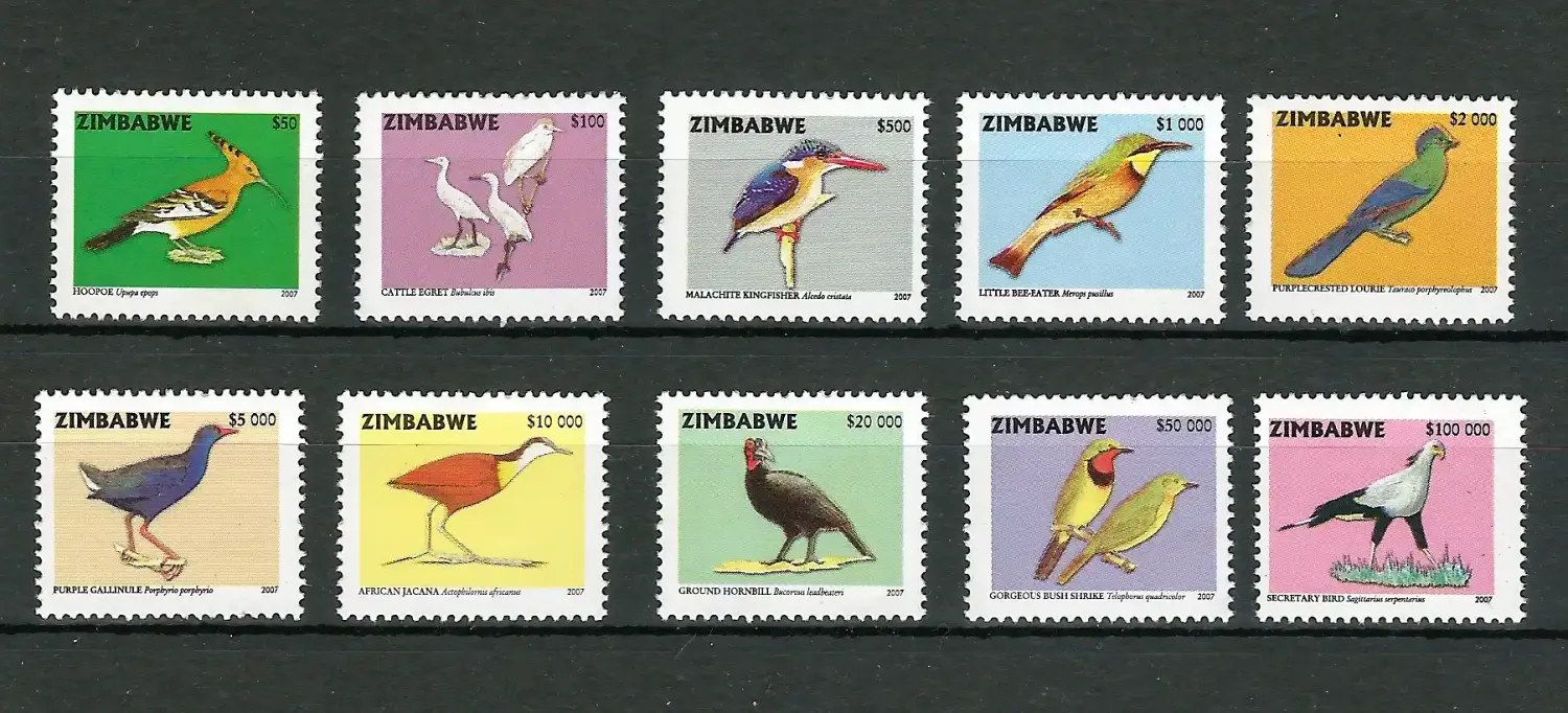 Zimbabwe 2007 Defs/Birds #2 - $50-$100,000 (10v) - MNH** Zimbabwe 2007 Defs/Birds #2 - $50-$100,000 (10v) - MNH**