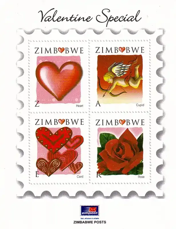 Zimbabwe 2008 Valentine's Day/Hearts & Roses (ss/4v) - MNH** Zimbabwe 2008 Valentine's Day/Hearts & Roses (ss/4v) - MNH**