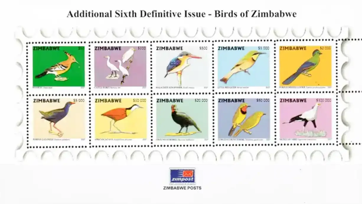 Zimbabwe 2007 Defs/Birds #2 (ss/10v) (Variety) perfs strike through on right. - MNH**