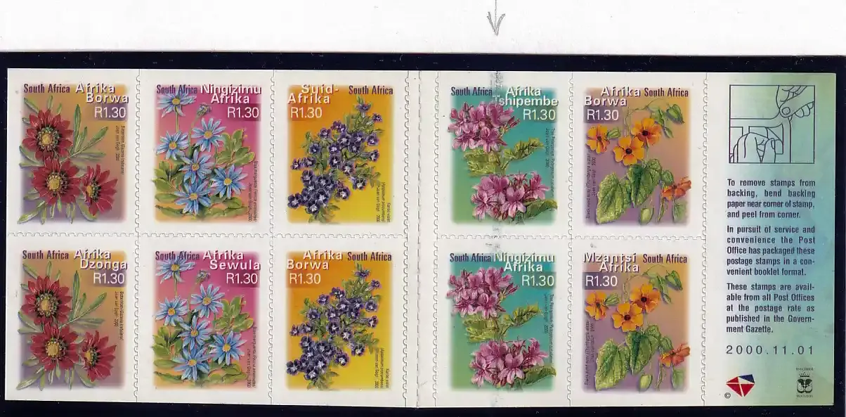 South Africa 2000 Fauna and Flora - Flowers - Self-Adhesive Booklet (Variety).Mis Imperf, Scarce. MNH