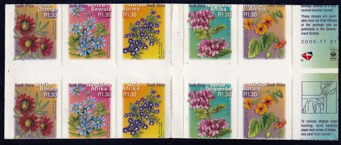 South Africa 2000 Fauna and Flora - Flowers - Self-Adhesive Booklet (Variety). Imperf, Scarce. MNH
