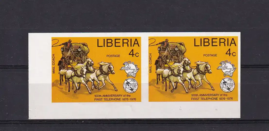 Liberia 1976 The 100th Anniv of the Telephone. (Variety) 4c Imperf pair. MNH