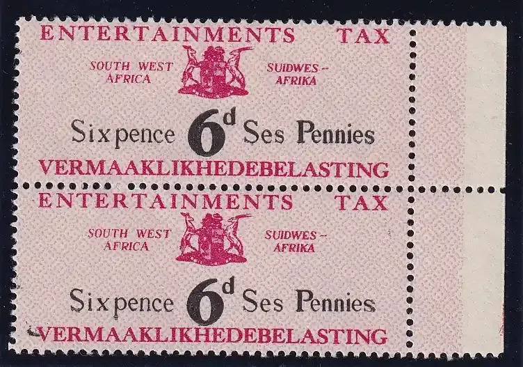 South West Africa 1951 6d black and red "Entertainments Tax" MLH.