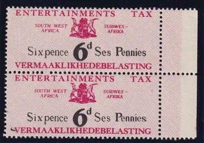 South West Africa 1951 6d black and red "Entertainments Tax" MLH. South West Africa 1951 6d black and red "Entertainments Tax" MLH.