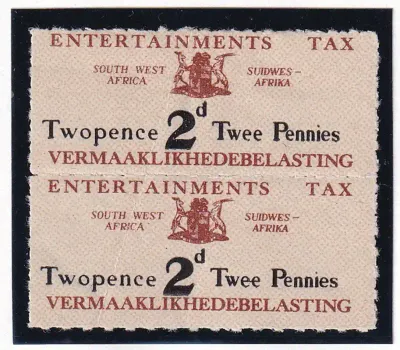 South West Africa 1946 (2d black and claret) "Entertainments Tax" MLH. South West Africa 1946 (2d black and claret) "Entertainments Tax" MLH.