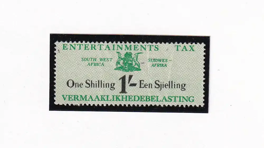 South West Africa 1951 "1s black and green" No Gum. "Entertainments Tax" MLH.