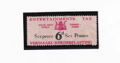 South West Africa 1951 "6d black and red" No Gum. "Entertainments Tax" MLH. South West Africa 1951 "6d black and red" No Gum. "Entertainments Tax" MLH.