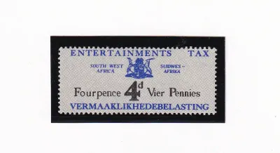 South West Africa 1951 "4d black and blue" "Entertainments Tax" MLH. South West Africa 1951 "4d black and blue" "Entertainments Tax" MLH.