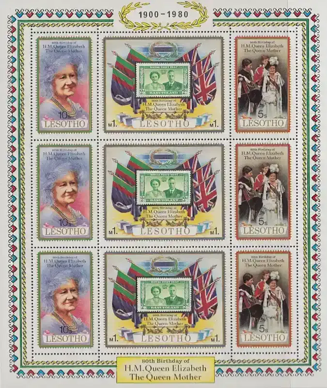 Lesotho 1980 Queen Mother 80th Birthday (ss/9v)-MNH(**) Lesotho 1980 Queen Mother 80th Birthday (ss/9v)-MNH(**)