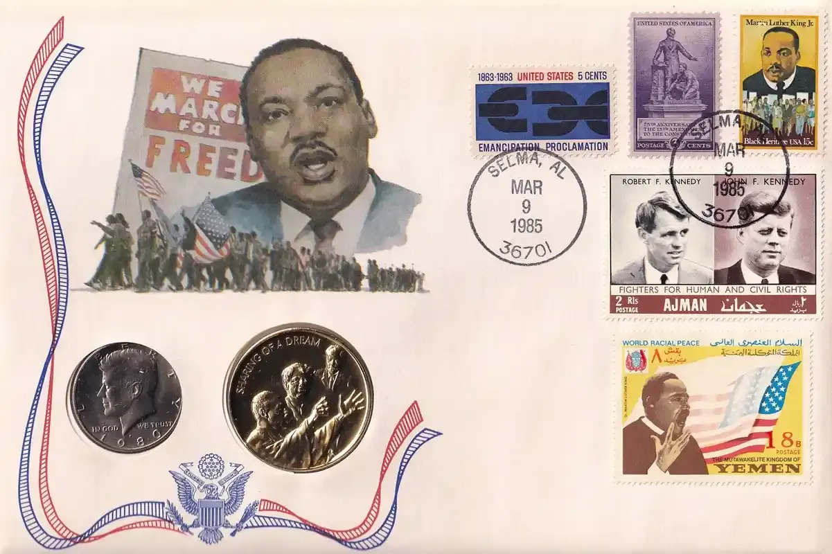 USA 1985 FDC - The Legacy Of JF Kennedy, Sharing A Dream Medal &amp; 1980 Coin In Stamp Cover.