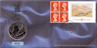 UK 1998 FDC, Prince Charles 50th Birthday 5 Pound First Day Cover UK 1998 FDC, Prince Charles 50th Birthday 5 Pound First Day Cover