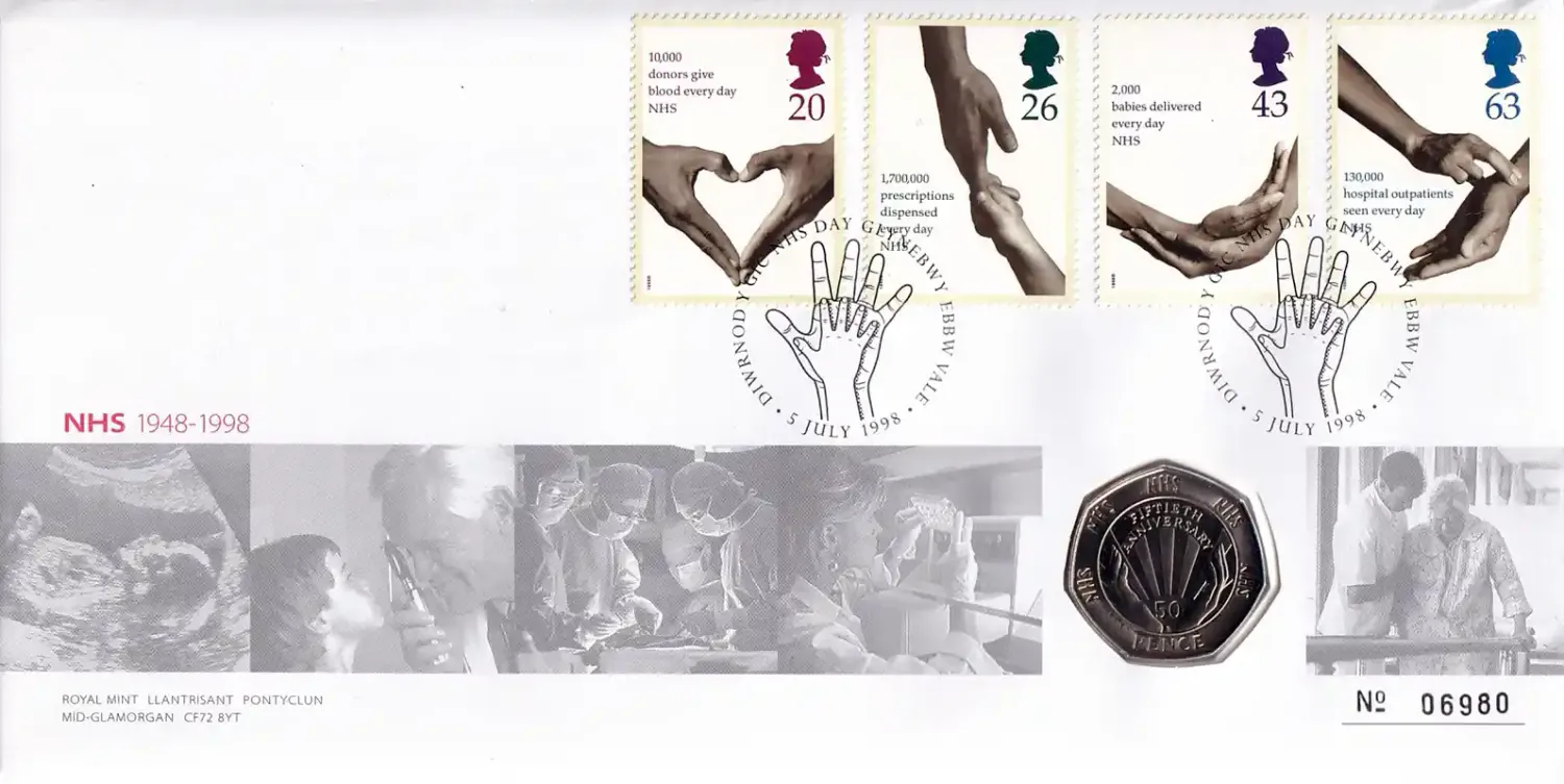 UK FDC 1998 Coin cover; NHS Commemorative; Royal Mint 50p Fifty Pence.