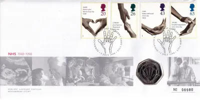 UK FDC 1998 Coin cover; NHS Commemorative; Royal Mint 50p Fifty Pence. UK FDC 1998 Coin cover; NHS Commemorative; Royal Mint 50p Fifty Pence.