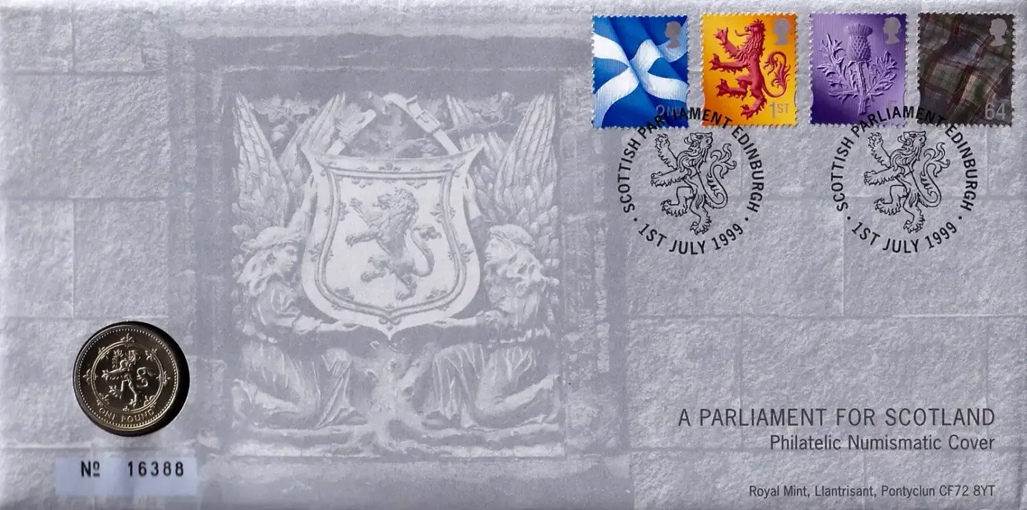 UK FDC 1999 FDC £1 coin cover Lion Parliament Scotland no. 8284 MINT condition