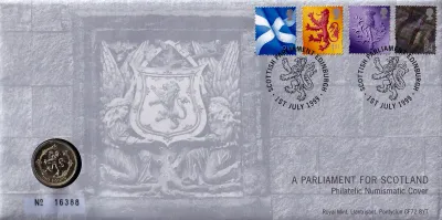 UK FDC 1999 FDC £1 coin cover Lion Parliament Scotland no. 8284 MINT condition UK FDC 1999 FDC £1 coin cover Lion Parliament Scotland no. 8284 MINT condition