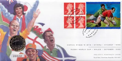 Great Britain 1999 Rugby World Cup Wales. £2 Coin & 5 Stamps on Cover. FDC Great Britain 1999 Rugby World Cup Wales. £2 Coin & 5 Stamps on Cover. FDC