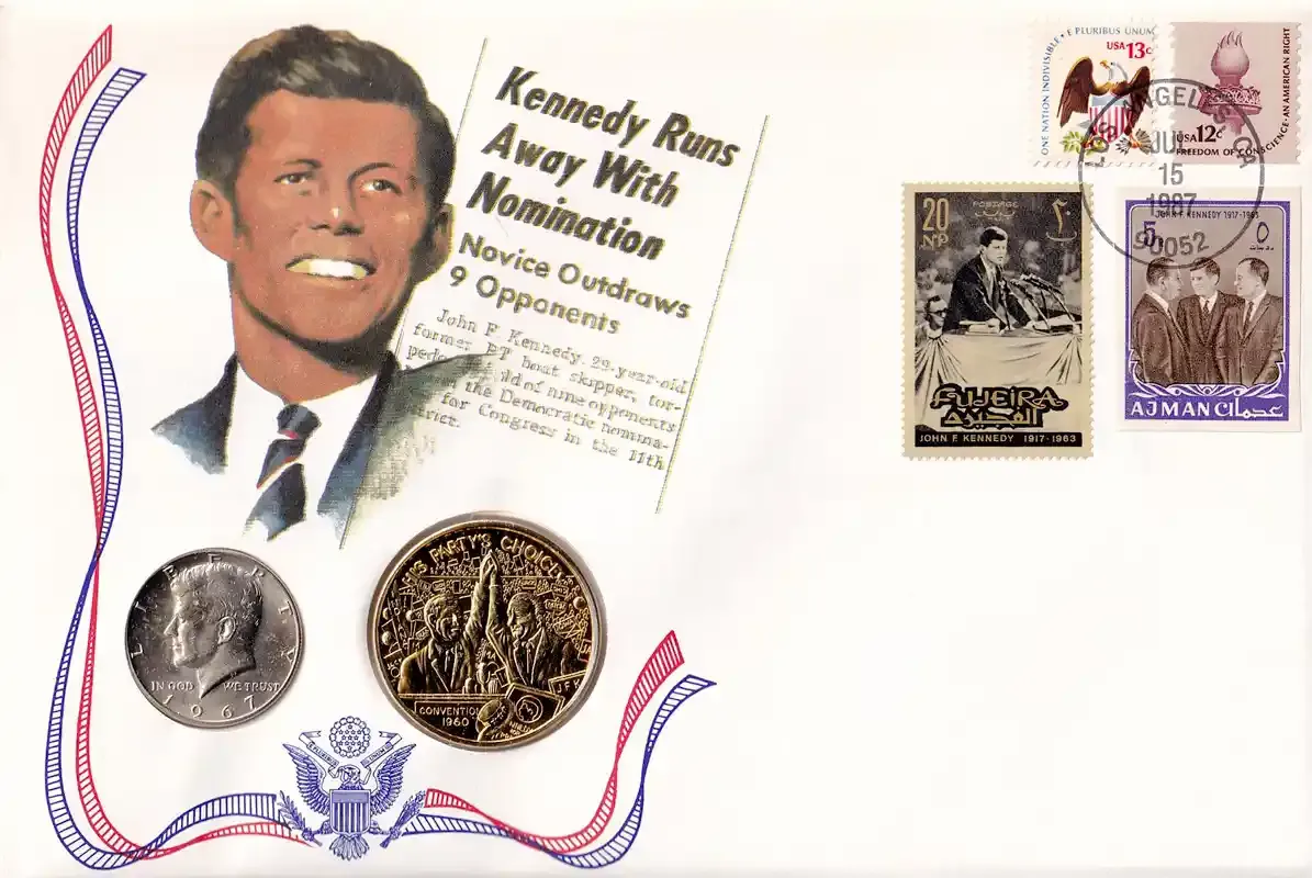 USA 1987 FDC - The Legacy Of JF Kennedy, His Party's Choice. Medal &amp; 1980 Coin (1967 Silver Clad Kennedy half $) in Stamp Cover.