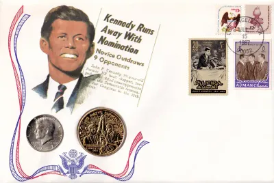 USA 1987 FDC - The Legacy Of JF Kennedy, His Party's Choice. Medal &amp; 1980 Coin (1967 Silver Clad Kennedy half $) in Stamp Cover.